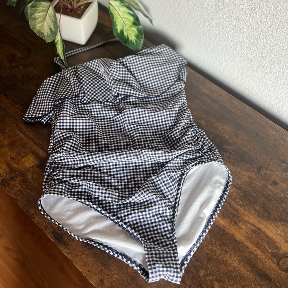 Kona Sol Navy Blue & White Checkered Front Ruffles One Piece Swimsuit